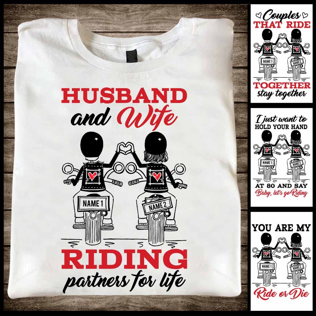 Husband and Wife Riding Partners for Life - Personalized Biker Shirts, T-Shirt Custom First Father's Day Tee, Custom Dad Shirt Gift Father's Day, Personalized Grandpa Shirt, Gifts for Fathers Day