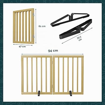 Semiocthome Bamboo Dog Gate Indoor 2 Panels Freestanding Puppy Gate for House with 2 Metal Stands 24 Tall Folding Wooden Gate for Stairs Door Full