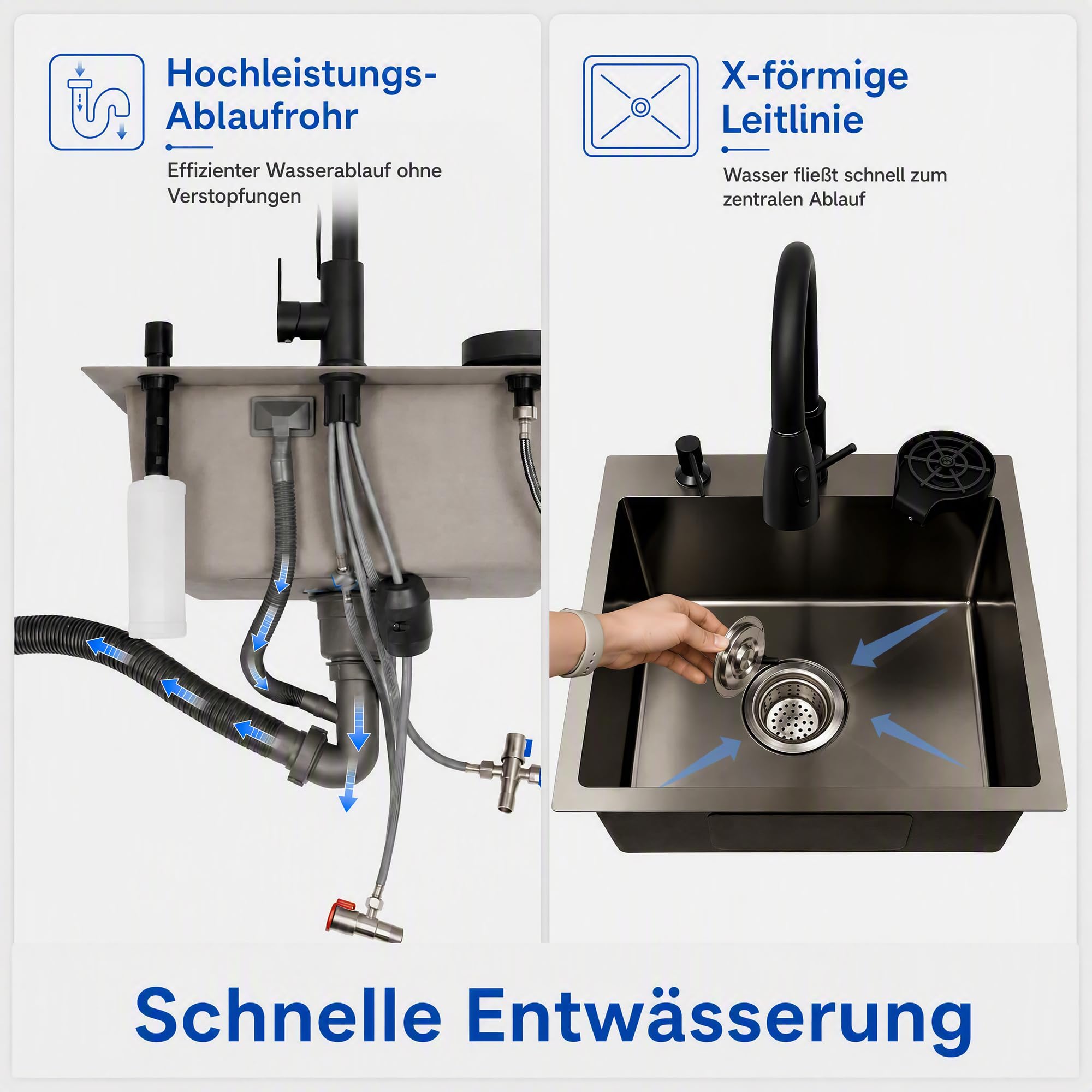 Edelstahl Küchenspüle 45 x 40cm, Spülbecken Schwarz mit Ausziehbare Wasserhahn und Tassenspüler, Eckiges Einbauspüle, 1 Becken, für Arbeitsplatten ab 45cm,inkl Abtropfkorb+Siphon+Seifenspender