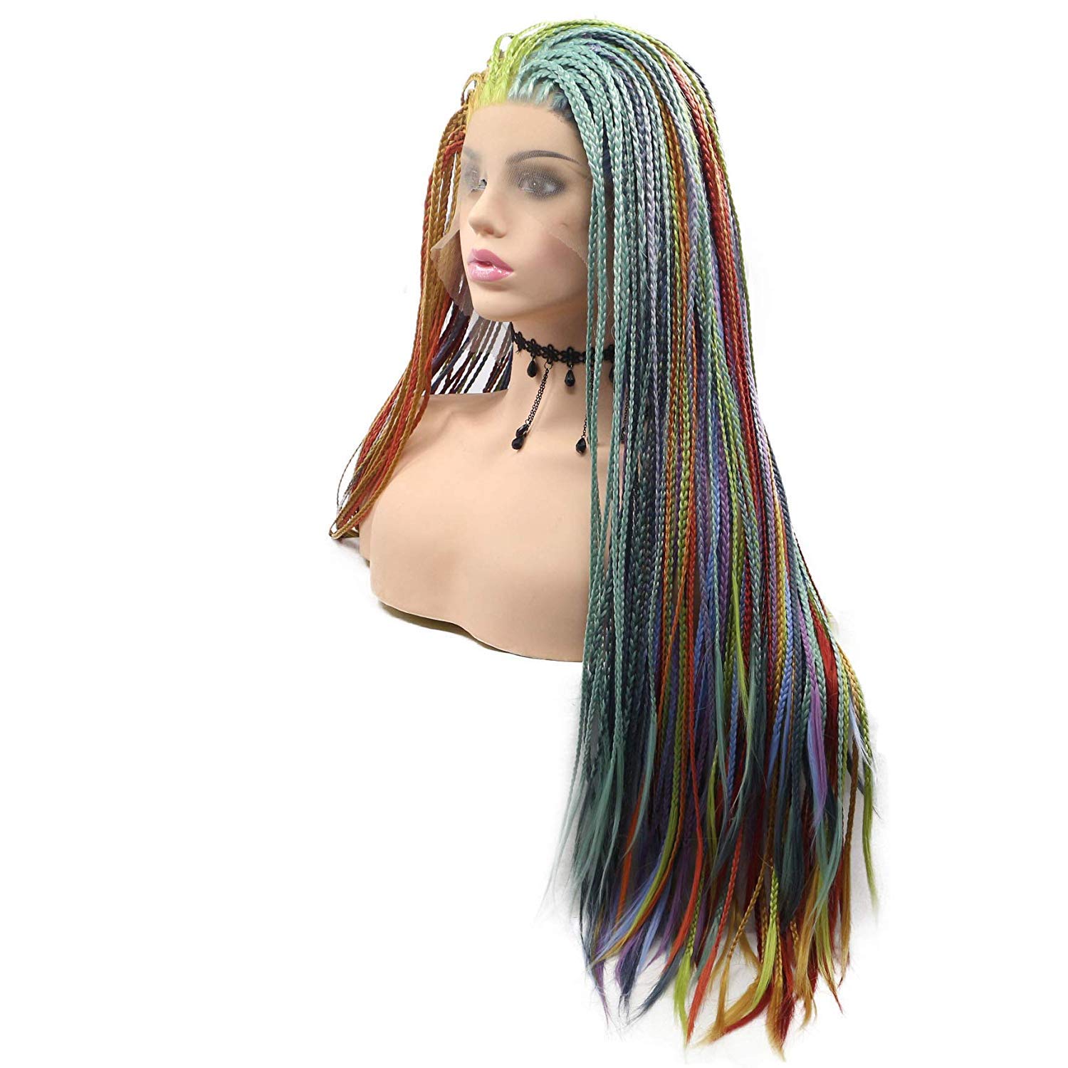 Mermaid Micro Briaded Wigs for Women Long Braided Lace Front Wig Synthetic Hair Colorful Braids Lace Wig with Natural Hairline Glueless Wig Heat Resistant Fiber Hair 16Inch (Rainbow colorfull)
