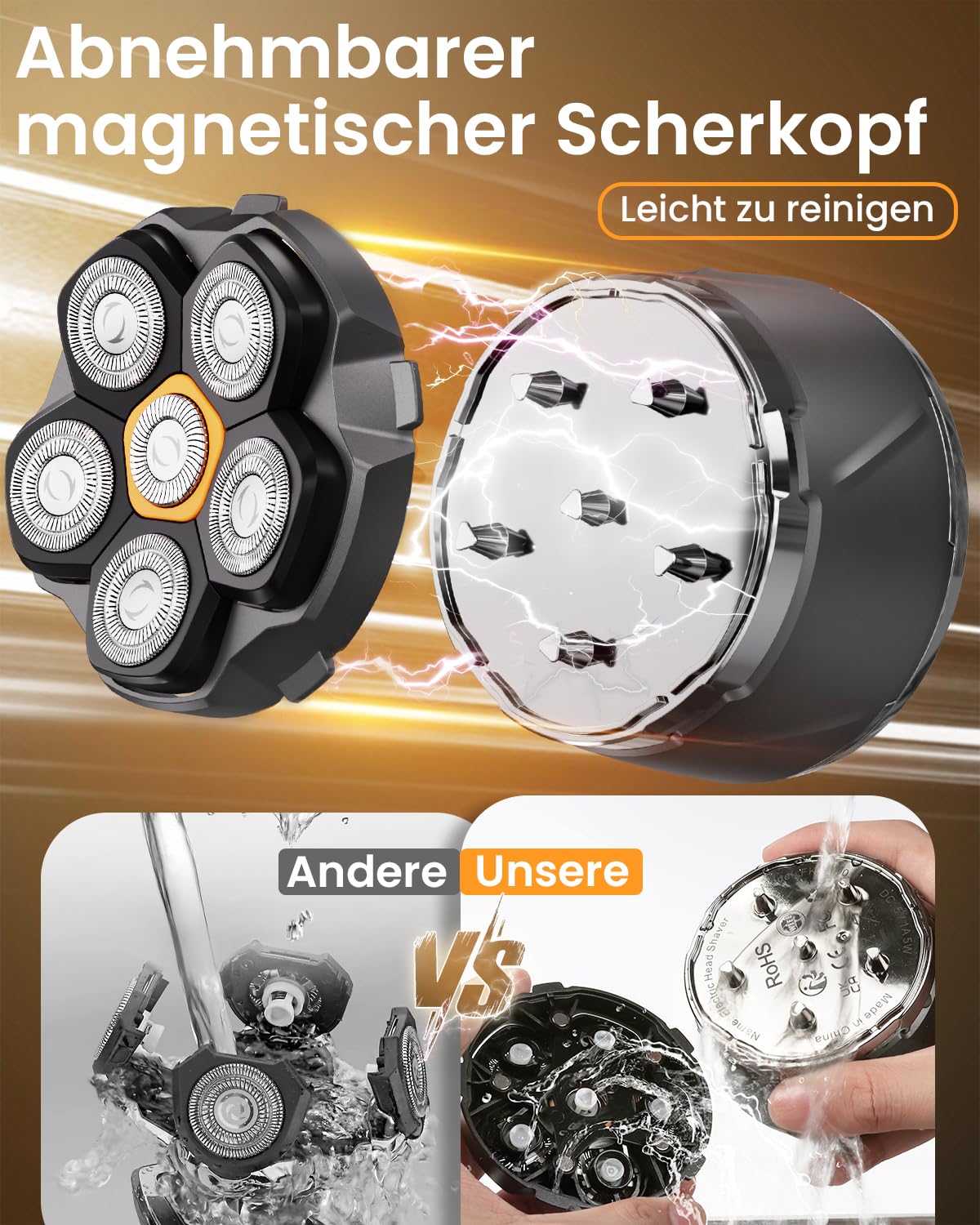 Glatzen Rasierer Herren, 2026 Verbessert IPX8 Wasserdicht 6D Flexibler Glatzenrasierer, Magnetische Schwebender Kopf, Nass und Trocken Glatzen Rasierer mit LED Anzeige, USB-C Kopfrasierer Glatze