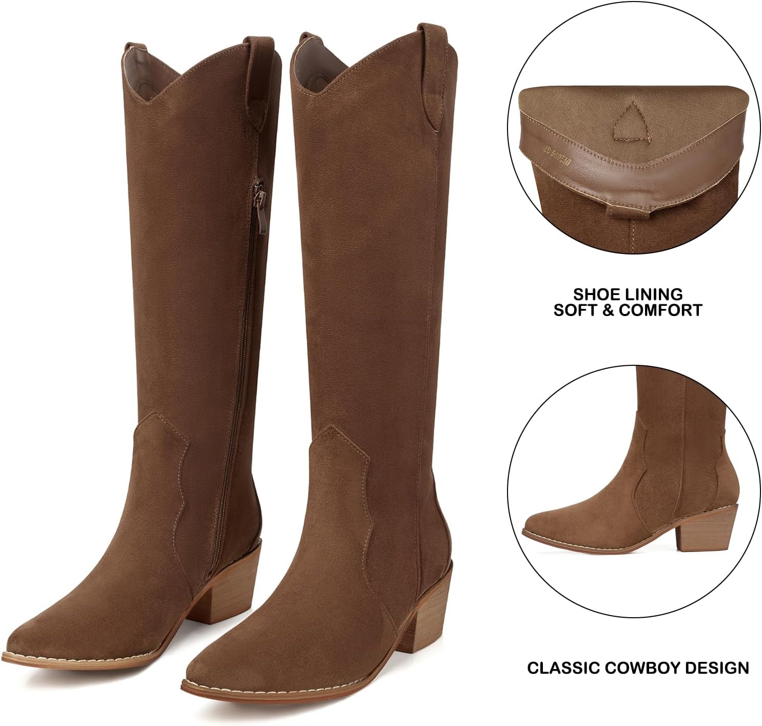 SHIBEVER Suede Knee High Cowboy Boots for Women Comfortable Tall Cowgirl Boots Zipper Low Heel Fall Winter Western Booties