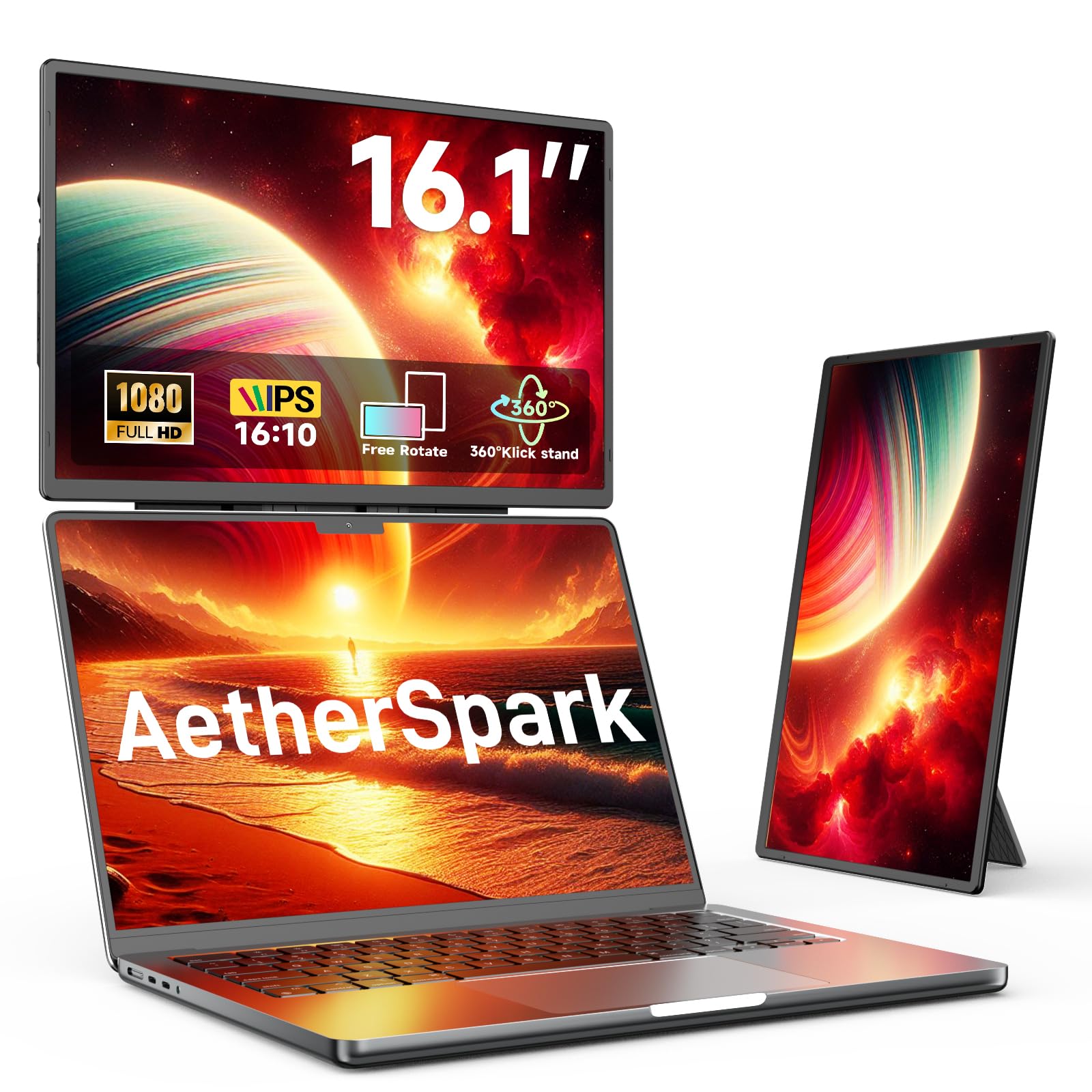 Laptop Screen Extender Portable Monitor, Dual 16.1" 1080P FHD Frameless Screen, Detachable Monitor Extender for Laptop, Fit for 13-17" Laptops,