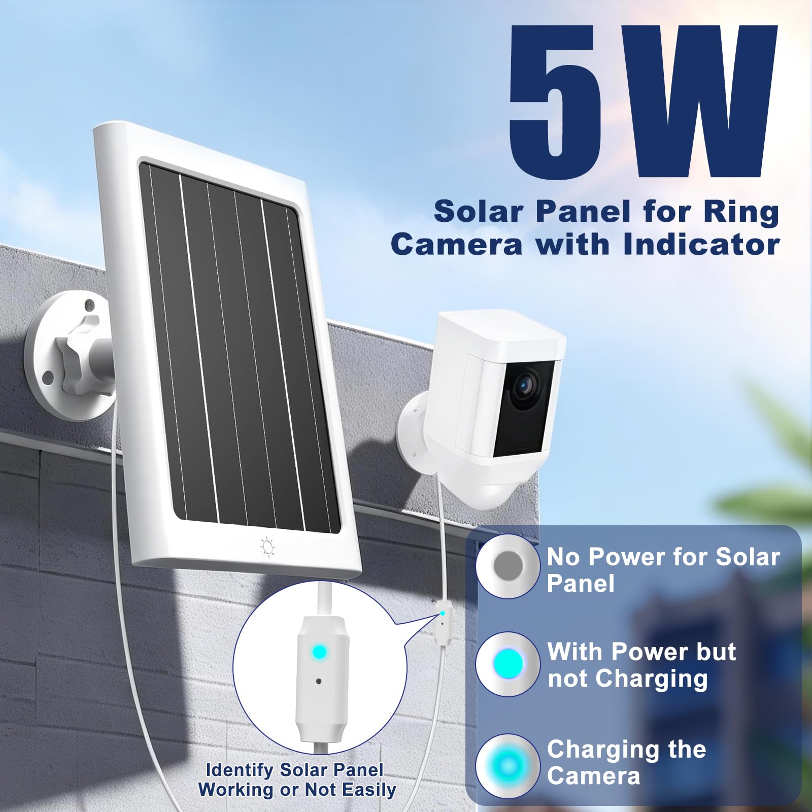 5-W-Solarpanel für Ring Spotlight Cam Plus/Pro und Stick Up Cam Akku, Solarladegerät für Ring Cam mit Kontrollleuchte, 4 m Kabel, IP66-Schutzart, USB-C- und DC-Anschlüsse (2 Packungen)