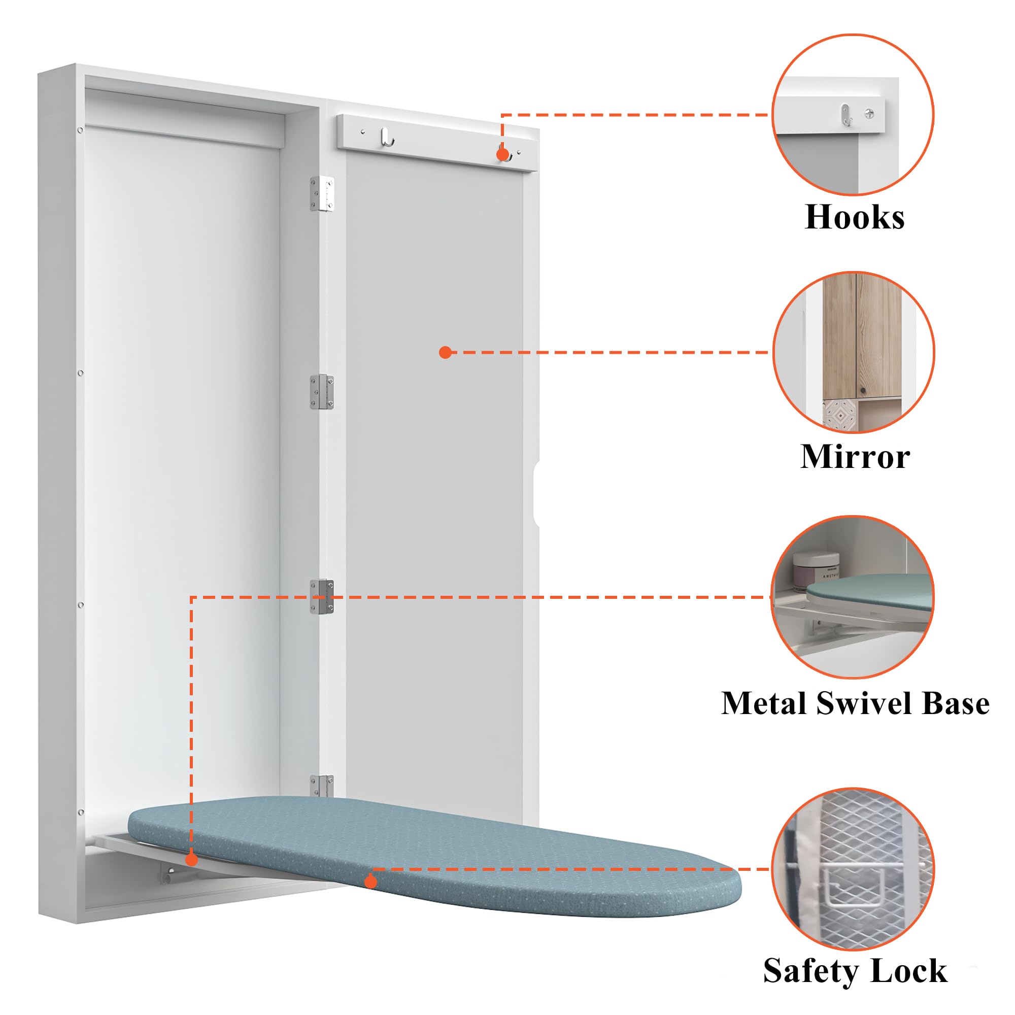 Organizedlife Slim Wall Mounted Ironing Board Cabinet, base in metallo girevole a 180° e specchio, asse da stiro pieghevole per biancheria, nessun montaggio richiesto, salvaspazio