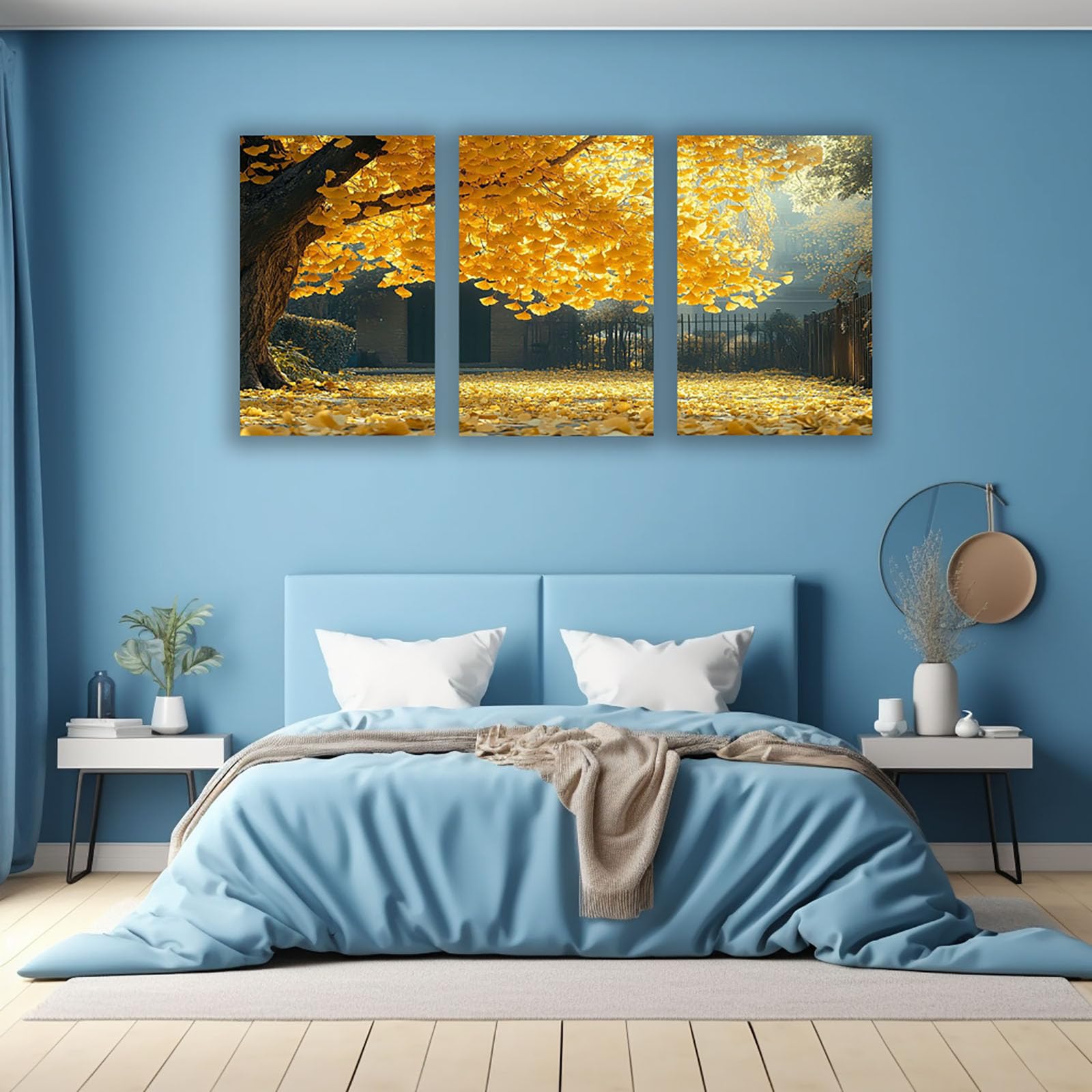 WIKEO Lot de 3 posters Arbre de vie Impression sur Toile Œuvres modernes de l’arbre doré Affiche- Moderne Abstrait Image Tableau -Decoration Murale Salon -Chambre -bureau(Jaune)-40x60cmx3 Encadrée