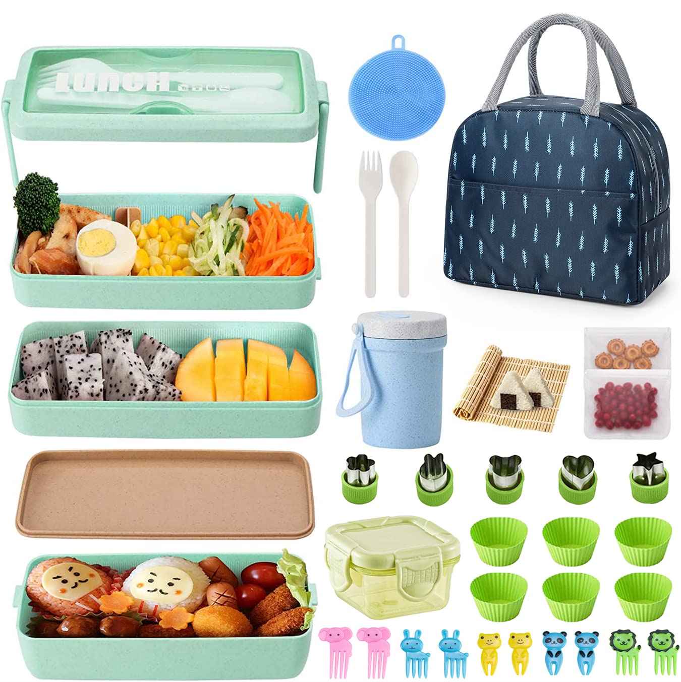 TOMVAES Bento Box Lunch Box Kit,Japanese Lunch Box 3-In-1 Compartment,Leakproof 3 Layer Lunch Box Lunch Container,Bento Lunch Box for Kids and Adults as Salad, Snack,or Sandwich