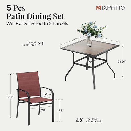 Miniatura 7 de Juego de 5 piezas de mesa y sillas de patio, juego de muebles de comedor para exteriores de 4 personas, 4 sillas rojas de Textilene y mesa de 37"
