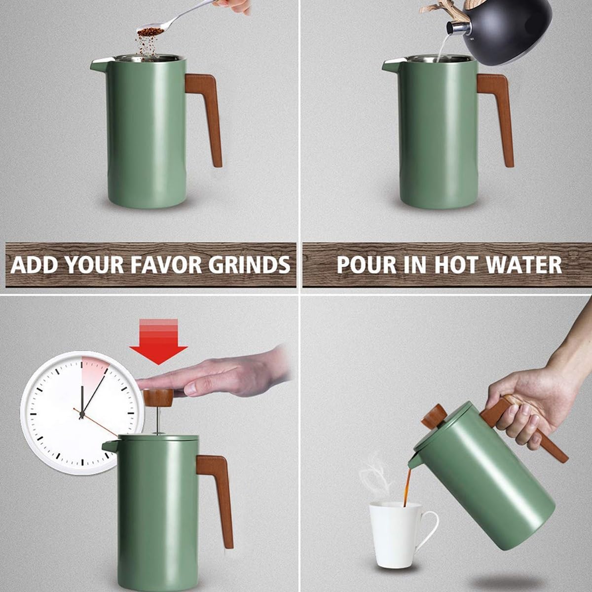 French Press ekspres do kawy 970 ml - drewniany uchwyt izolacja z podwójną ścianką - ekran filtra ze stali nierdzewnej - zaparzony dzbanek do kawy i herbaty