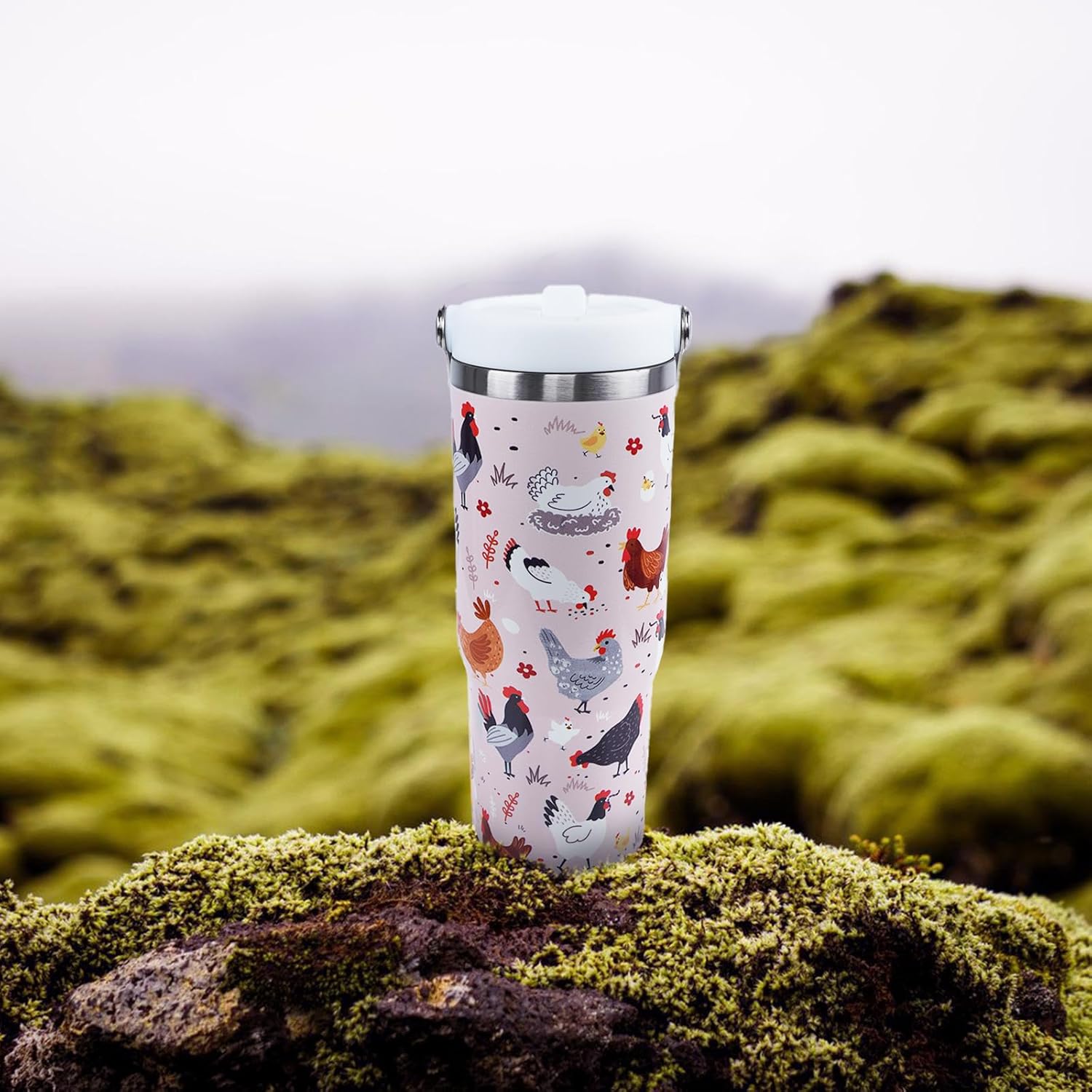 30 oz Tumbler with Handle Flip Straw Leak Proof - Chicken and Rooster Design 30oz Tumbler Travel Coffee Mug with Handle - Birthday Gifts for Women Chicken Lovers 30 Ounce Stainless Steel Cup - Image 3