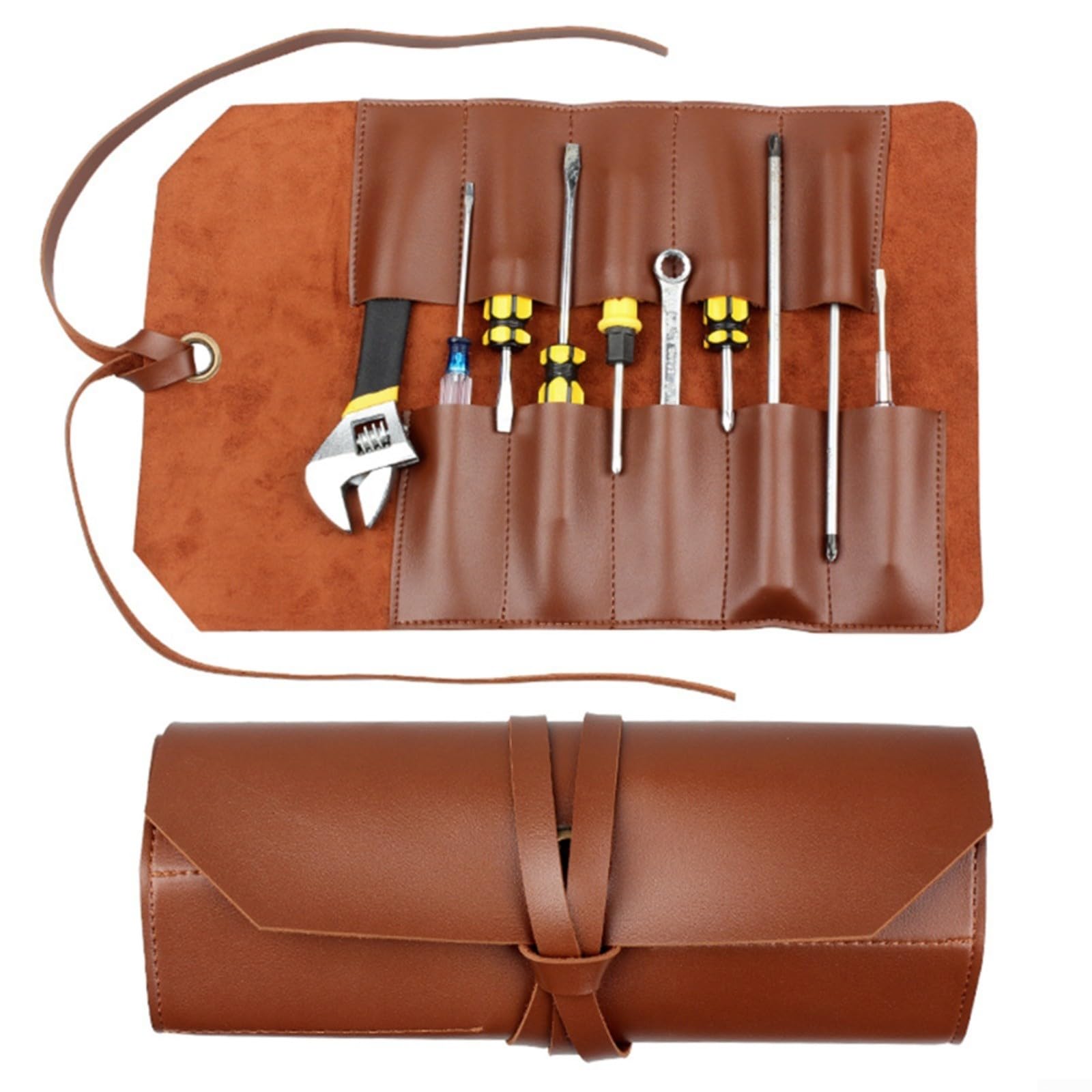 Roll Bag Multifunction Hardware Wrench Storage, Leather Tool Roll Bag Portable Wrench Storage Pouch Organizer for DIY Enthusiasts, for Wrenches and Cutters(Brown)
