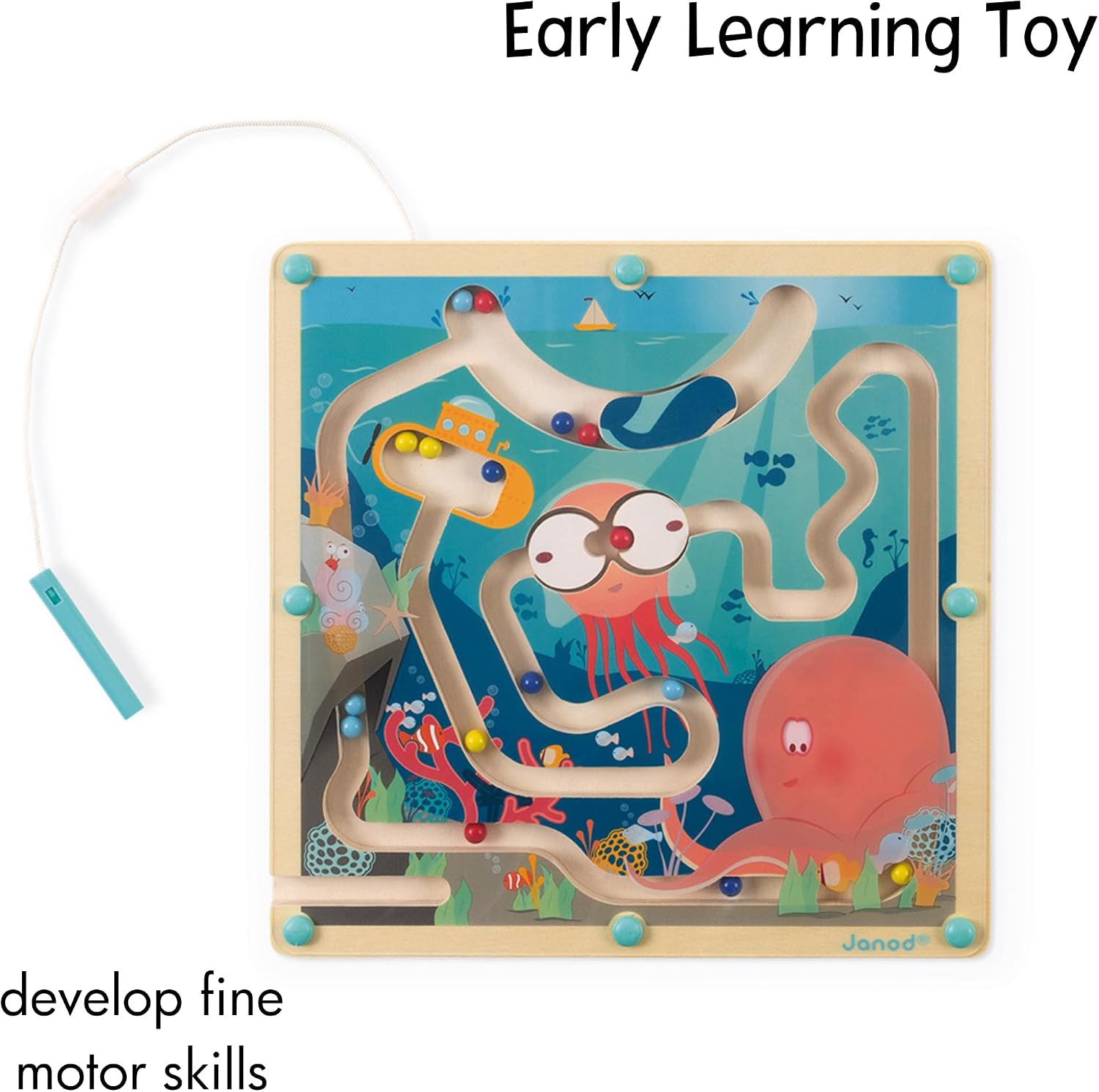 Janod - Magnetic Wooden Maze with Ocean Marbles 25x25 cm - Travel Entertainment - Enhances Fine Motor Skills - Develops Hand-Eye Coordination and Problem Solving - Safe and Durable