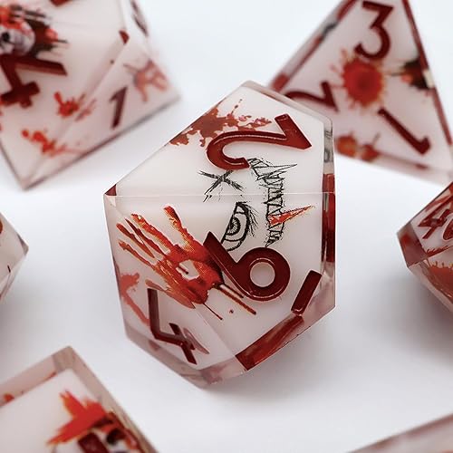 Miniatura 4 de DND - Juego de 7 dados hechos a mano de resina de borde afilado con estuche de regalo para juegos de mesa DND de Calabozos y Dragones (flor de lum)