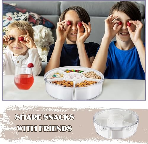 Miniatura 5 de Roshtia 2 bandejas redondas divididas para servir con tapa para nevera, de plástico, 6 compartimentos, bandeja dividida extraíble para verduras,