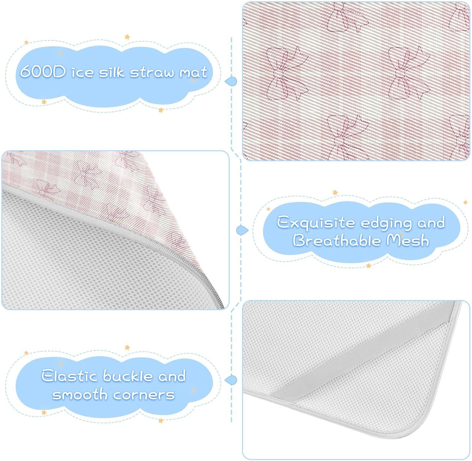 Baby Cooling Mat Pink Bows Checkered Ice Silk Breathable Mesh Summer Crib Mattress Pad with Pillowcase, Soft Cooling Sleeping Surface for Infant & Toddler, 52"x28"