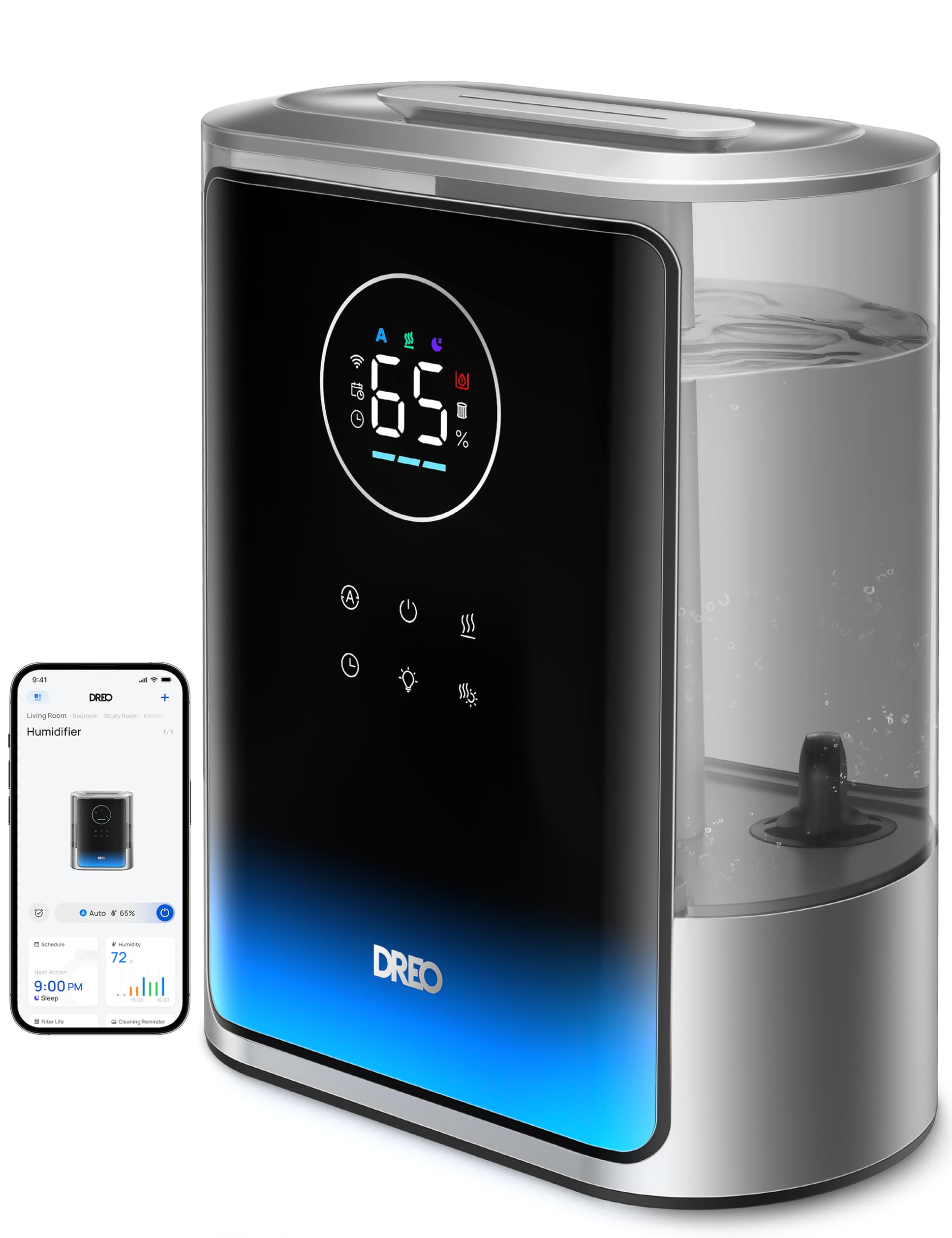 Dreo 8 Liter Smart Humidifiers for Bedroom, 600 Square Feet, 80 Hours Hot and Cool Operation, Large Size Mist Humidifier for Large Room