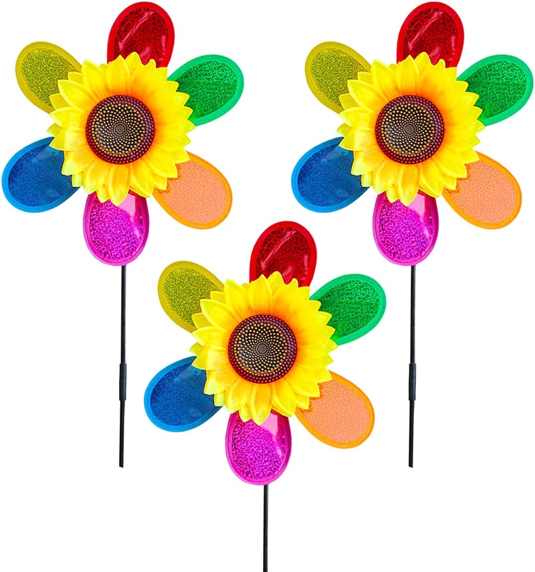 3 Pieces Wind Spinners, Sunflower Windmill, Colorful Sequin Wind Mill Outdoor Flower Pinwheels Garden Ornament, Bird Deterrent, Scarecrow
