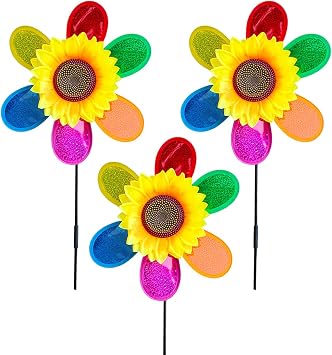 3 Pieces Wind Spinners, Sunflower Windmill, Colorful Sequin Wind Mill Outdoor Flower Pinwheels Garden Ornament, Bird Deterrent, Scarecrow