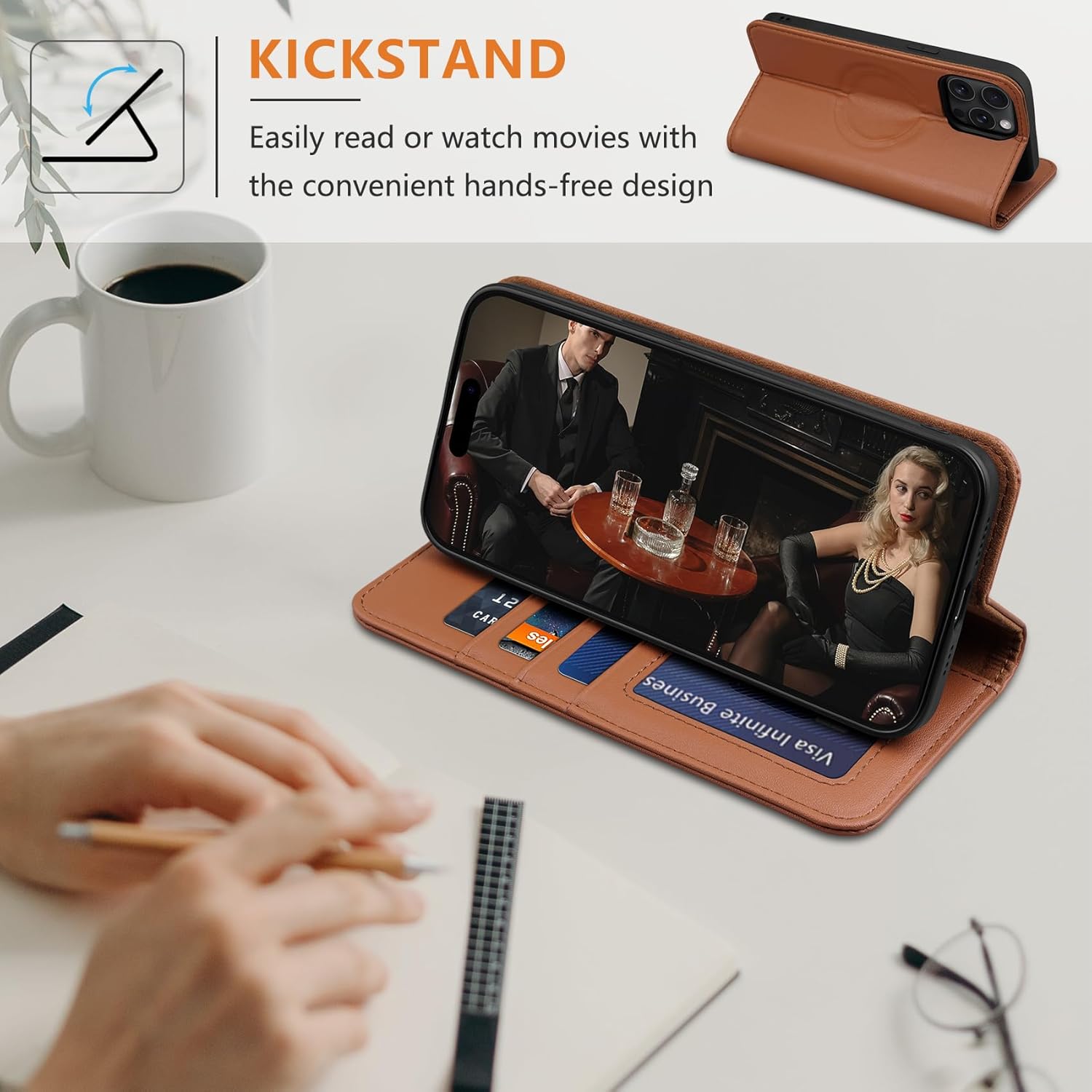 Wallet Case for iPhone 15 Pro Max 6.7", Genuine Leather Flip Folio Book Case Compatible with Magsafe, RFID Blocking Magnetic Card Holder Kickstand Cover Men Women for iPhone 15 Pro Max - Brown