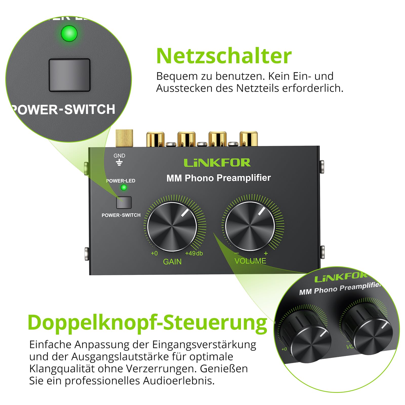 LiNKFOR Phono-Vorverstärker Phonograph-Vorverstärker Ultra-Kompakter Vorverstärker mit Netzschalter Lautstärkeregler Cinch Eingang/Ausgang 1/4'' TRS-Ausgang DC 12V für Plattenspieler mit MM-Abtast