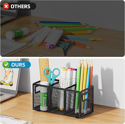 Miniatura 5 de Marbrasse Soporte de malla 2P para bolígrafo, organizador de escritorio, 3 compartimentos ajustables, vaso para lápices con asa, perfecto para aula,