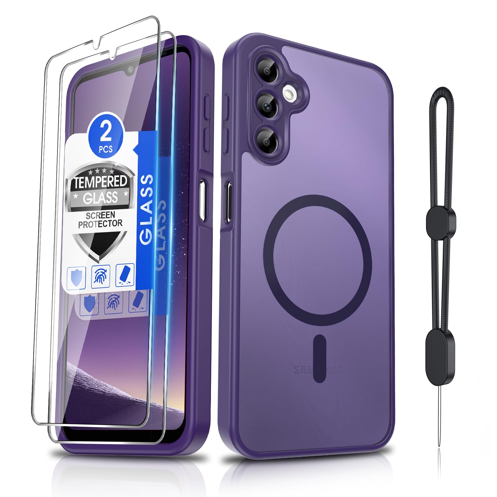Dizn for Samsung Galaxy A14 Phone Case: with Tempered Glass Screen Protector [Compatible with MagSafe] with Strap, Matte Cover &amp; Military Grade Shockproof Protective A14, Funda para A14,Dark Purple