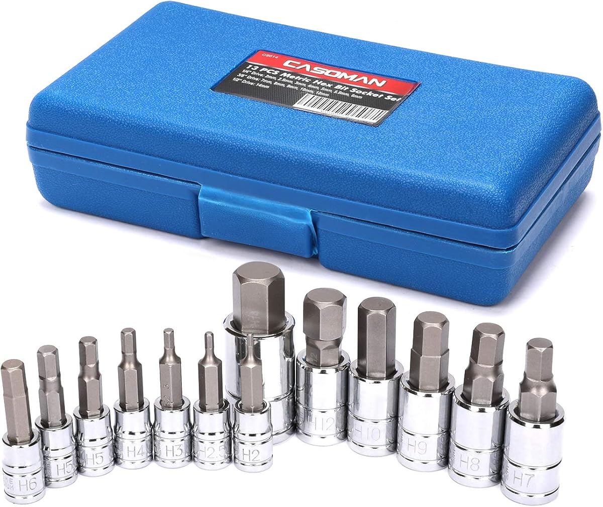 CASOMAN 13 Piece Hex Bit Socket Set, Metric, 2mm-14mm, S2 Steel Allen Bit Socket Kit
