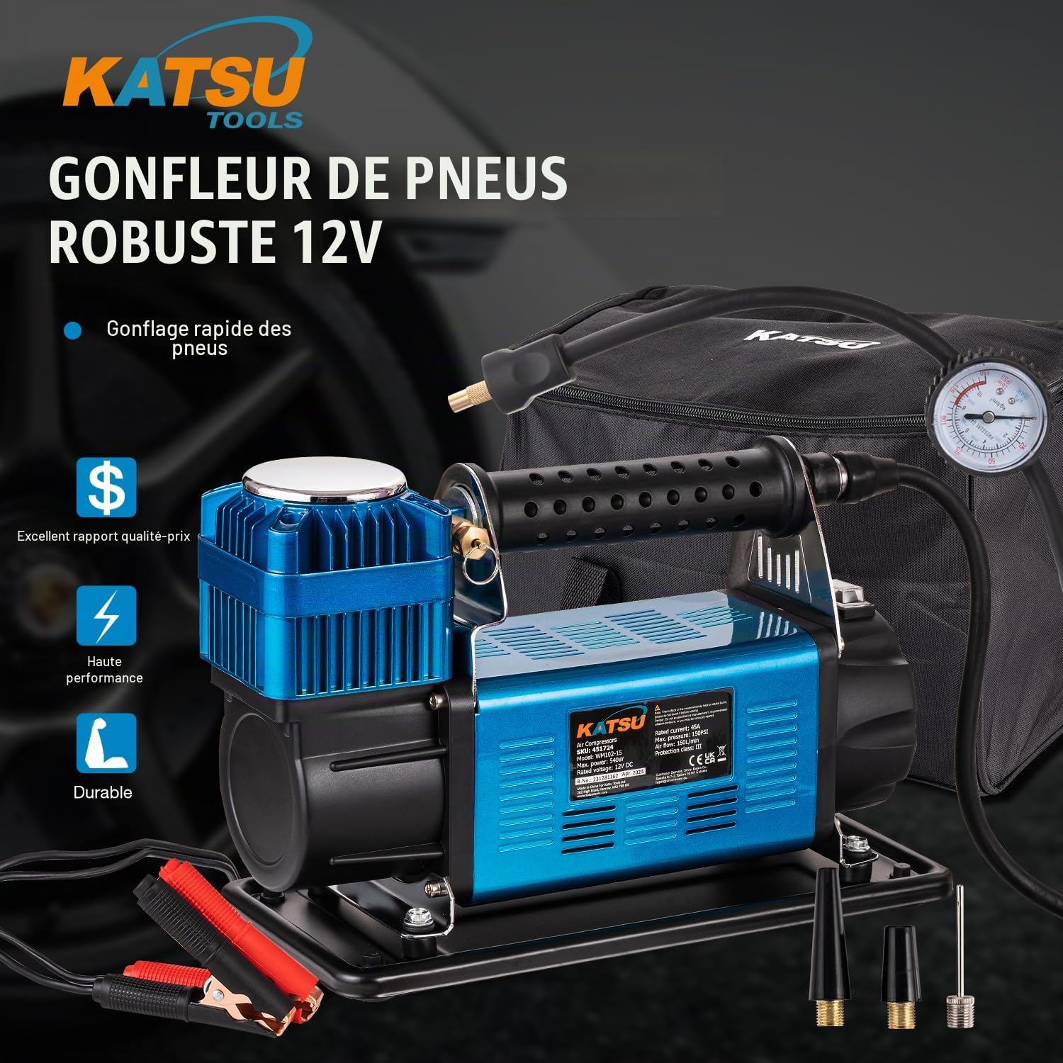 KATSU Tools Professionnel Gonfleur de Pneu 150 PSI 12V 45Amp Grand Volume Portable Compresseur d'air Voiture Pompe à Pneu pour 4WD Auto Car Van Trucks Gonflables