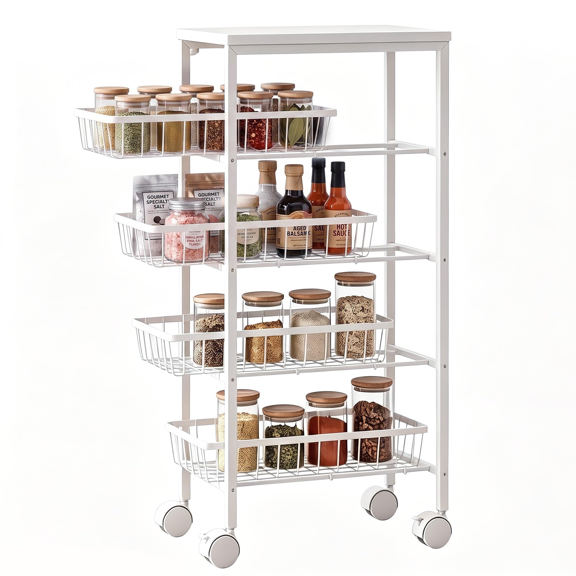 HOMCOM Carrito Auxiliar con Ruedas 4 Cestas Extraíbles 15 kg Blanco | Carrito de Cocina, Marco Metálico, para Comedor, Sala de Estar, Baño, 40x24x82 cm