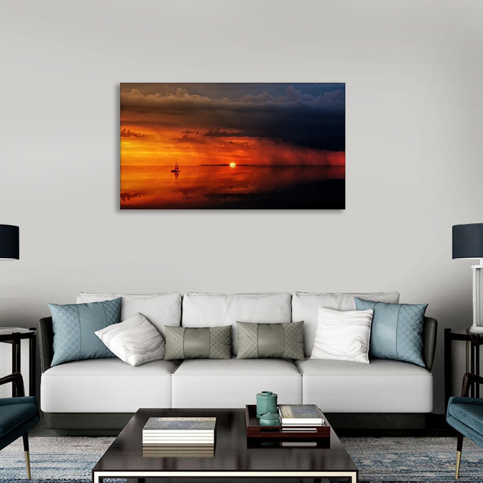 GRASKY Strand sonnenuntergang bild sonnenuntergang bild auf leinwand wandbilder landschaftsbilder mit rot Leinwandbilder Das Meer, das Boot Wohnzimmer Deko Kunstdrucke 70X126cm(28x50in) Rahmenlos