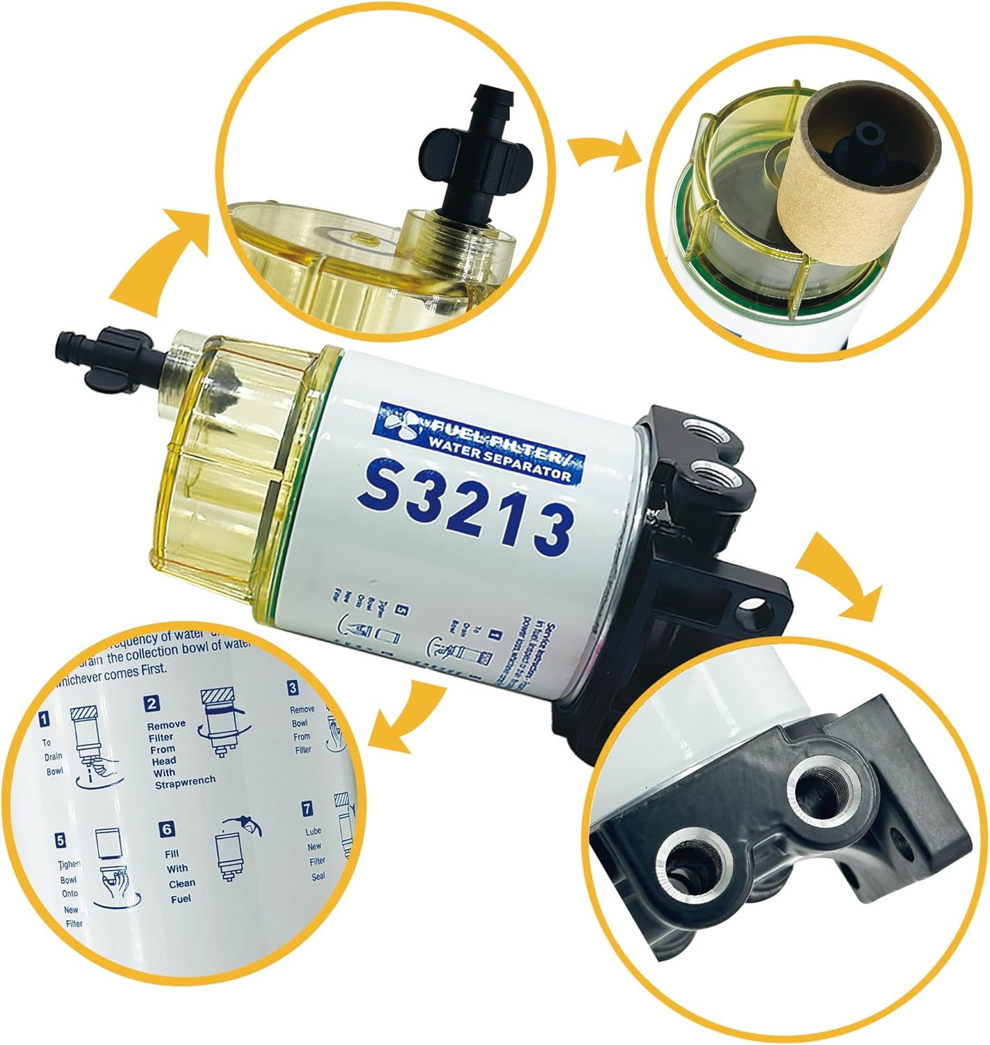 S3213 Fuel Filter Water Separator Replacement for Marine Outboard Motor Mercury with 3/8" Barb x 1/4" NPT Fittings Replaces # S3214, 35-60494-1, 18-7932-1, 18-17928, 35-809097.