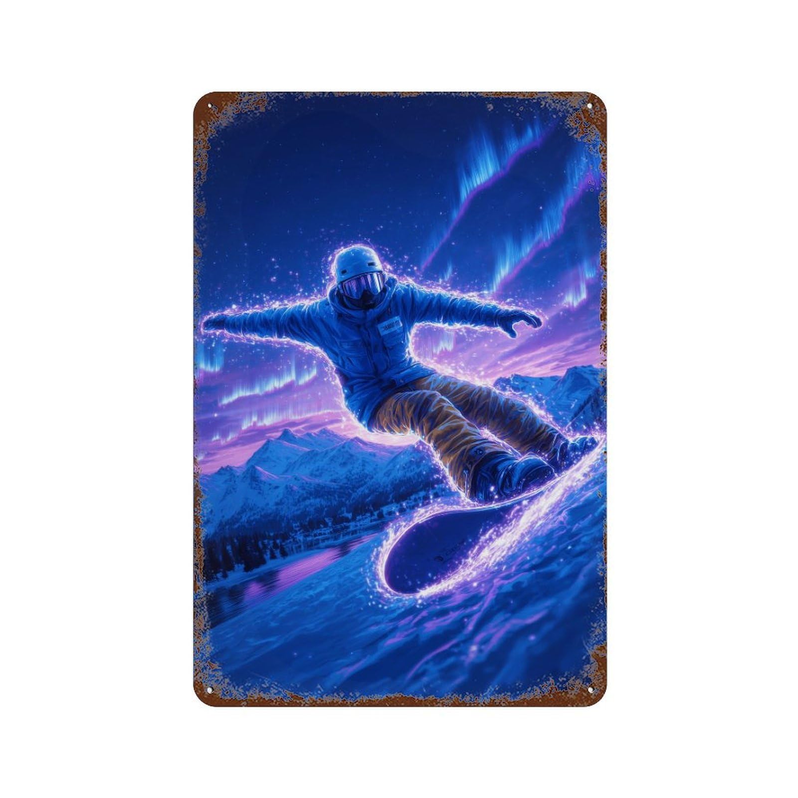 Neon Snowboarder Aurora Night Retro Metal Sign 11.8"x7.9", Decorative Metal Wall Art for Garage, Bar And Workshop Decor