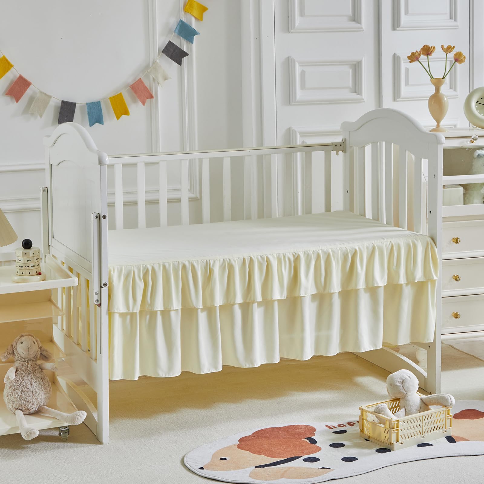 Juego de ropa de cama para cuna, 3 piezas, edredón acolchado con volantes y sábana bajera ajustable y falda de cama con volantes, bonita ropa de cama para bebé desgastada solo se adapta a minicunas