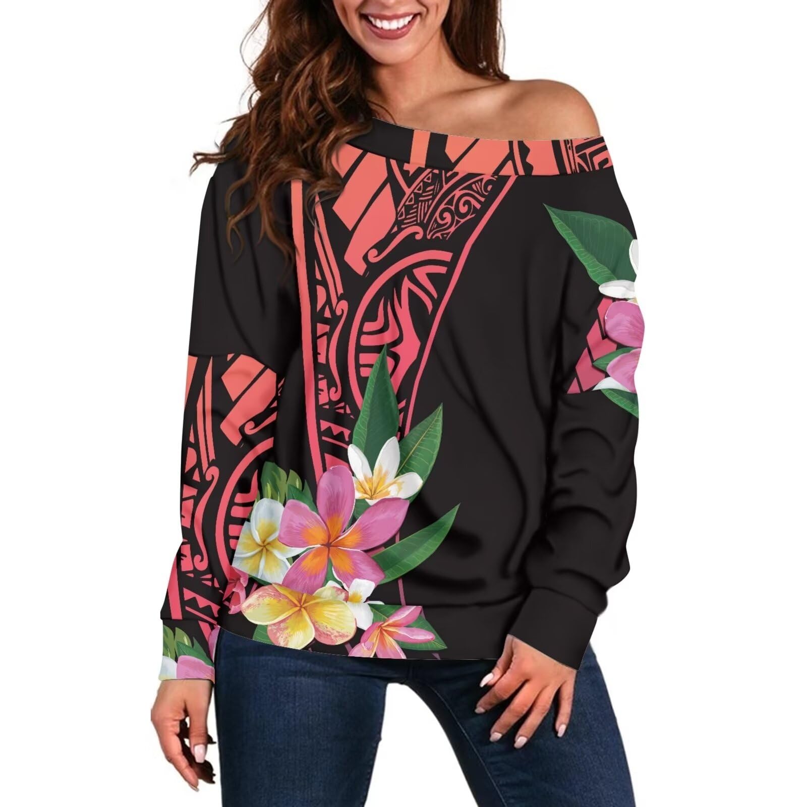 Hdjxbdhsv Samoan Puletasi Tatau Polynesian Tribal Women Off Shoulder Blouse Tops Polynesian Tribal Long Sleeved Shirts