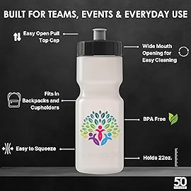 50 Strong Custom Sports Water Bottles 24-Pack - Bulk Personalized Reusable 22 oz BPA-Free Plastic Bottles with Pull Top Cap - Made in USA - Customize Your Text & Logo - Promo Bottle