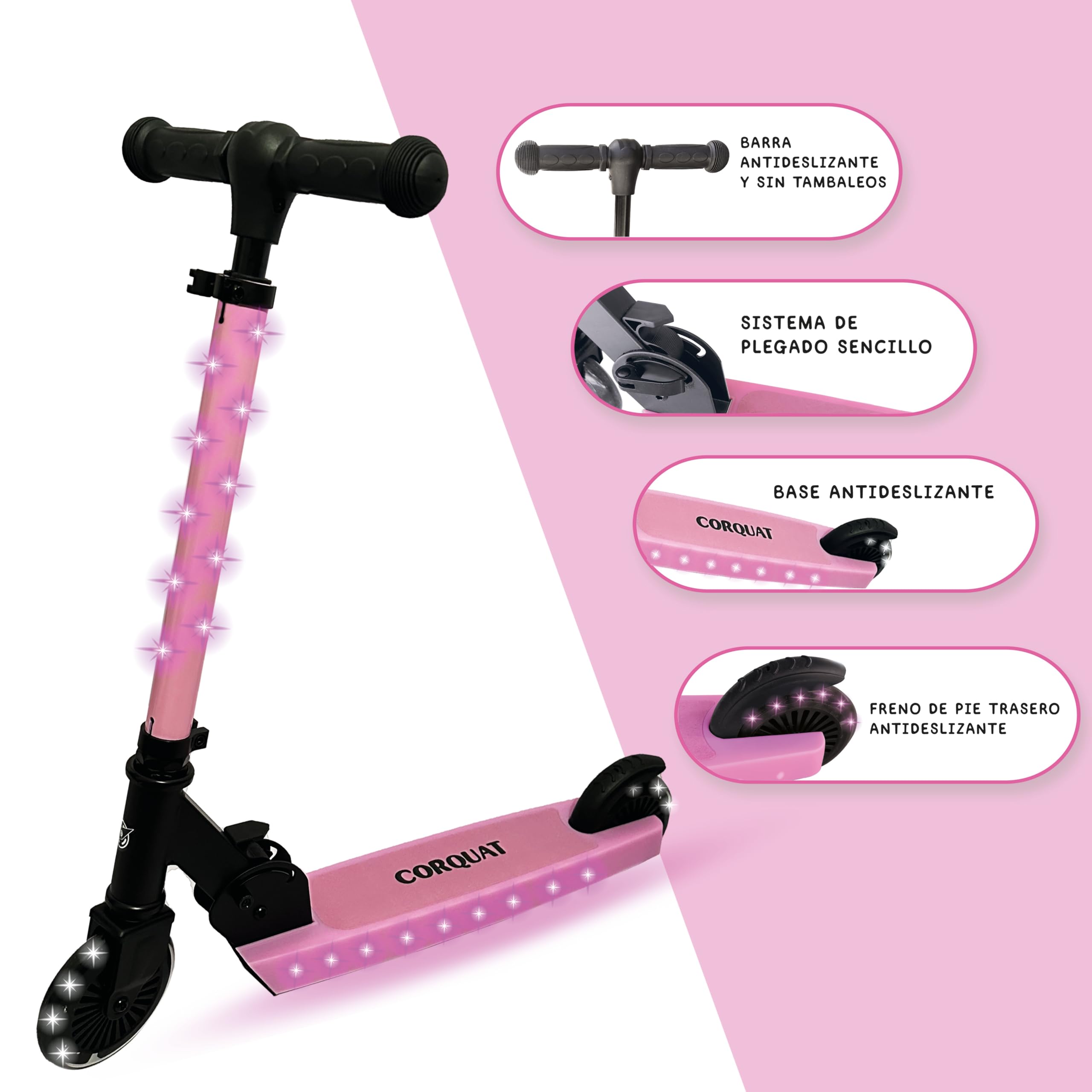 Patinete con Luces led, Patinete Plegable, Altura Ajustable para niños de 3 a 10 años, Scooter Capacidad de Peso hasta 60kg.