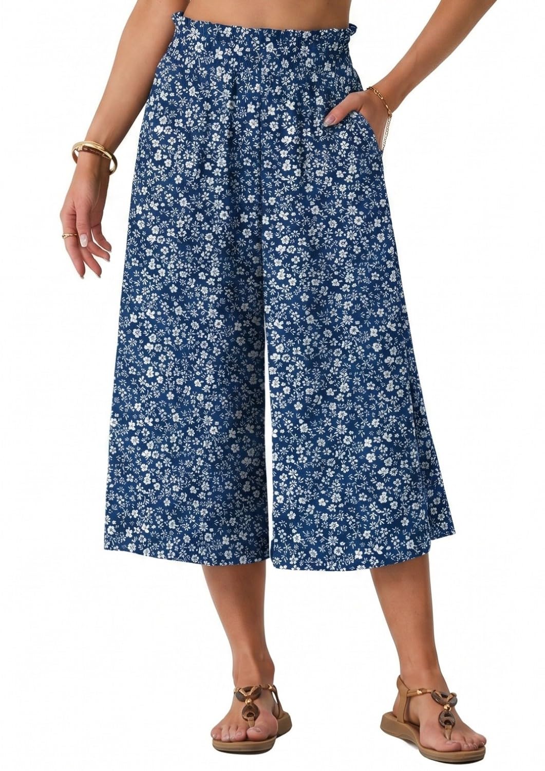 PrinStory Pantaloni estivi da donna, leggeri, a vita alta, casual, palazzo, a gamba larga, con tasche