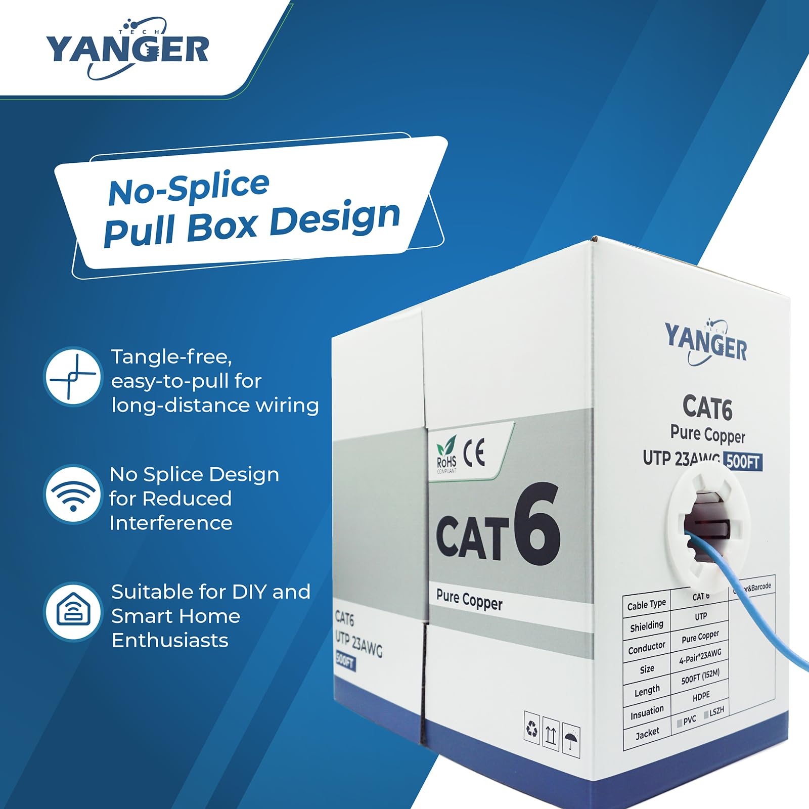 YANGER Cable Ethernet CAT6 152M - 23AWG Cobre Puro 100%, 10 Gigabit, POE++, UTP, para Centro de Datos/Oficina/Dispositivos Hogar Inteligente 4K/8K/VR, Cable LAN en Bobina, Azul