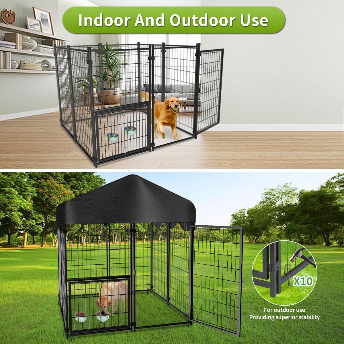 Heavy Duty Dog Kennel Outdoor, Covered Dog Kennels Outside with Roof, 4x4.2x4.5FT Large Dog Enclosure Adjustable Feeder Door, Playpen Fence for Yard