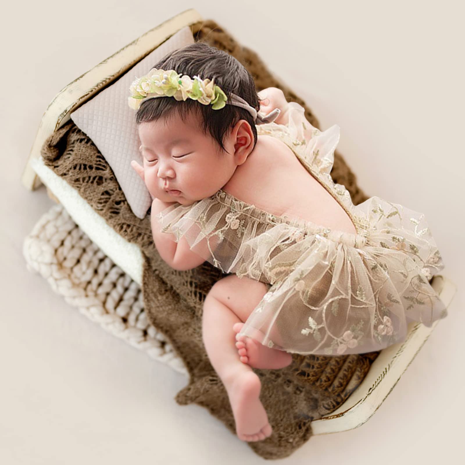 3-Piece Newborn Photography Outfit Set - Lace Romper, Hat & Headband For Girls