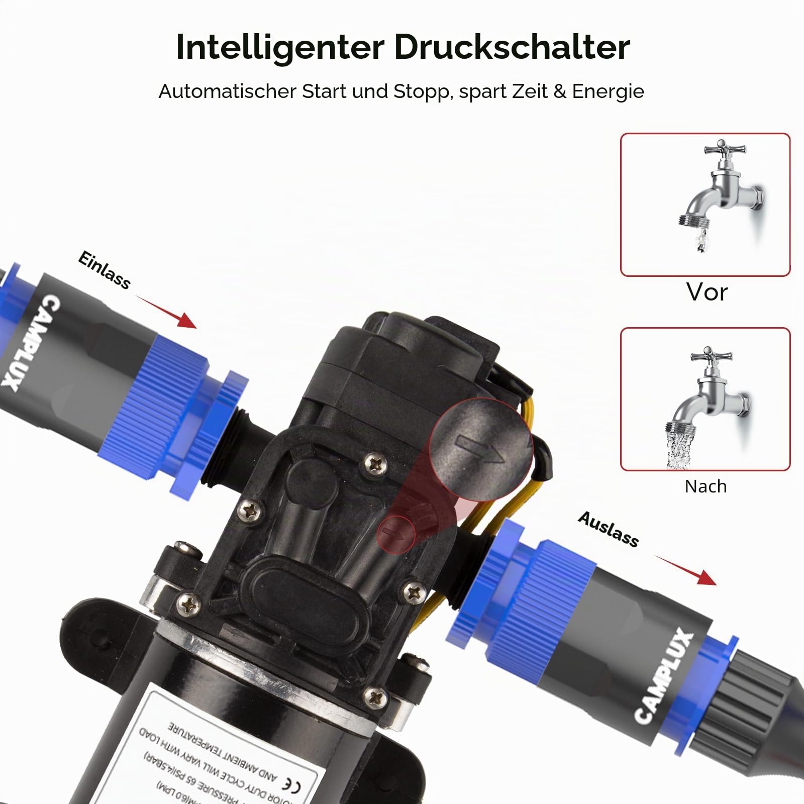 CAMPLUX 12V Wasserpumpe 6L/min, Selbstansaugende Druckwasserpumpe, für Wohnwagen, Boot, Heißes Wasser System, 4.5 Bar/ 65 PSI Schwarz