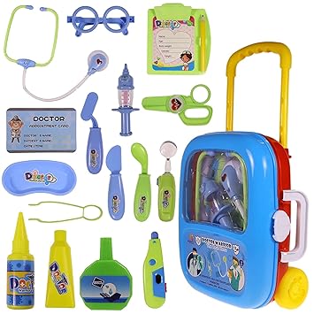 RABBITTOM Doctor Medical Trolley Suitcase Kit for Kids (Blue) Set Girls Toy with On Wheels Light and Sound Effects, Life Like & Toddlers