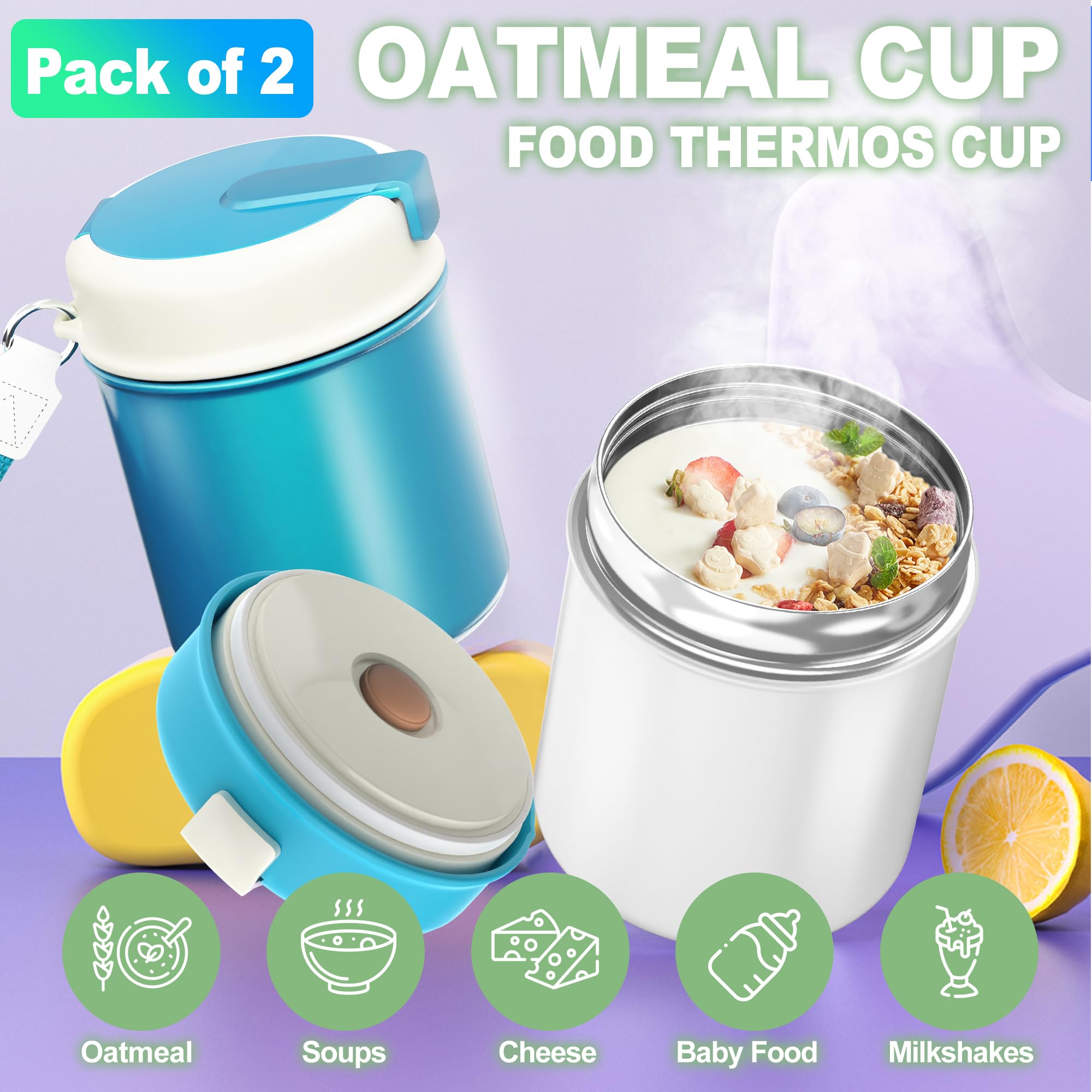 2 recipientes para sopa de alimentos, tarro térmico de acero inoxidable para adultos, para boca fría y caliente con cuchara, botella a prueba de fugas, almacenamiento de alimentos calientes al aire