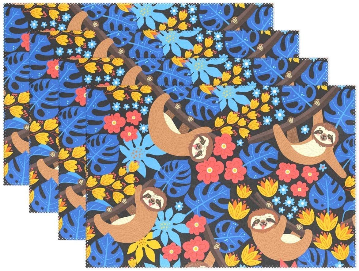 KANGRINBOQE Placemat Table Mat Desktop Decoration Sloth On The Branch Floral Placemats Set of 4 Non Slip Stain Heat Resistant for Dining Home Kitchen Indoor 12x18 in-Multicolor-4
