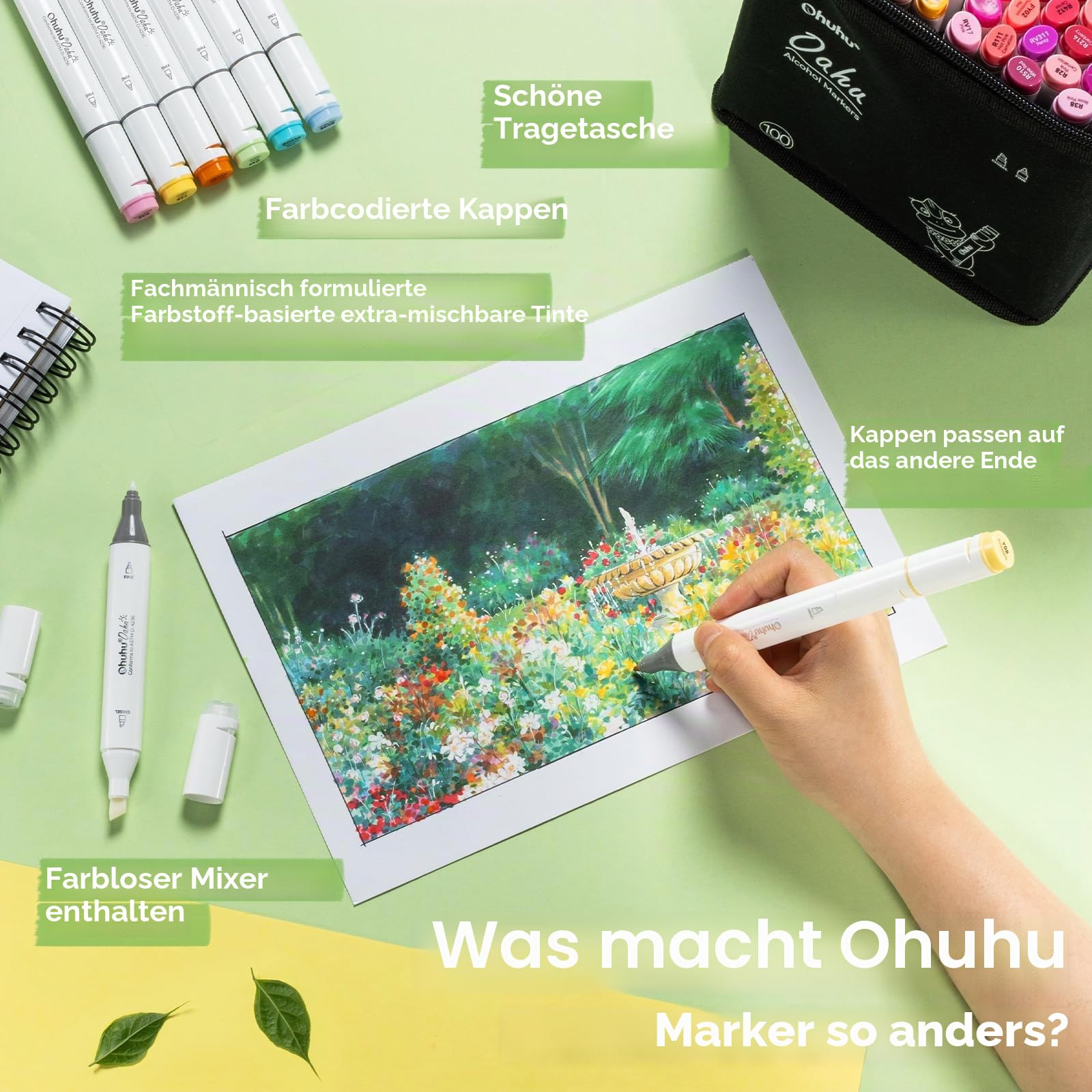 Ohuhu Alkohol Marker – 100 Farben mit Breit & Feinspitze Doppelspitziges Profi-Set für Zeichnen Skizzieren & Illustrieren, AP-zertifiziert & nachfüllbar