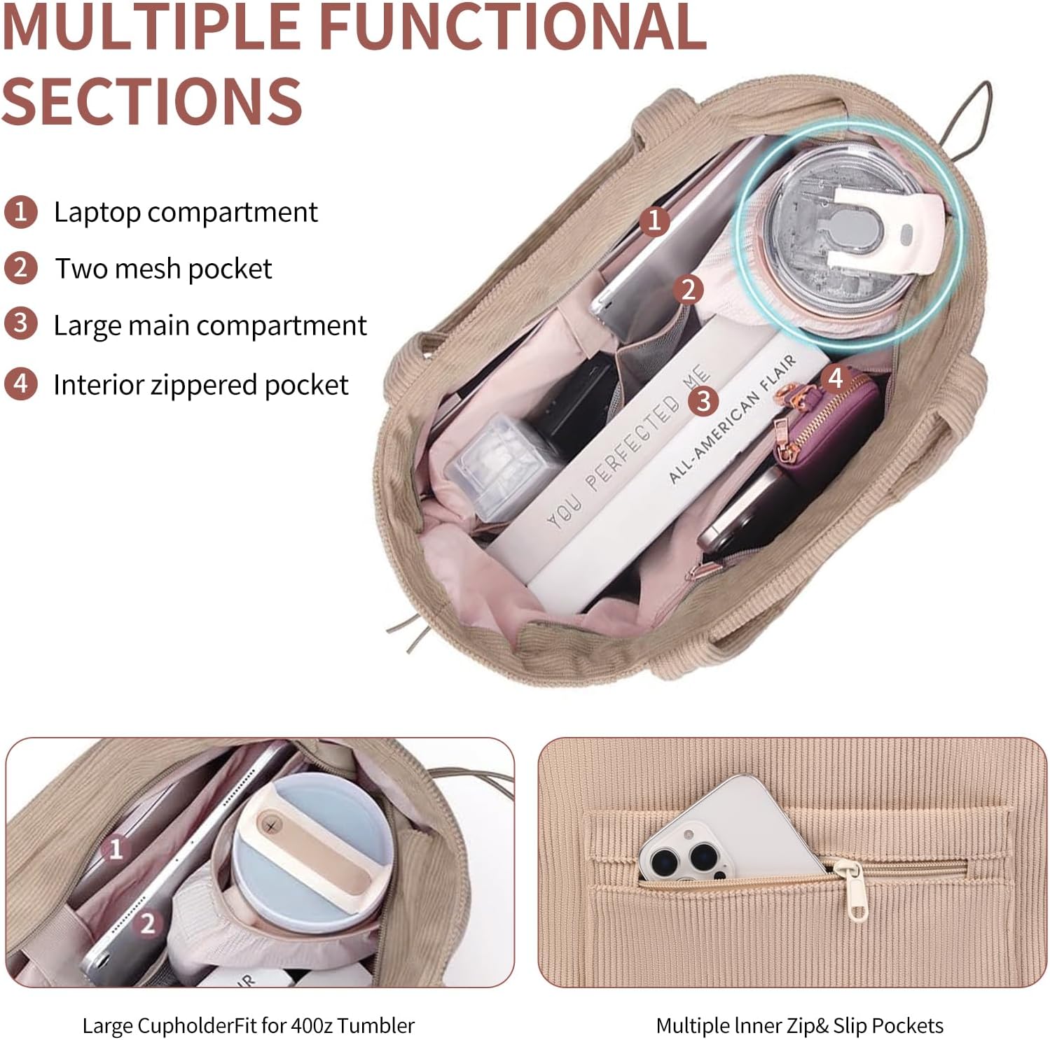 Corduroy Tote Bag for Women Large Capacity Tote Bags with Stanley Cup Holder Shoulder Handbag with Inner Pockets - Image 5