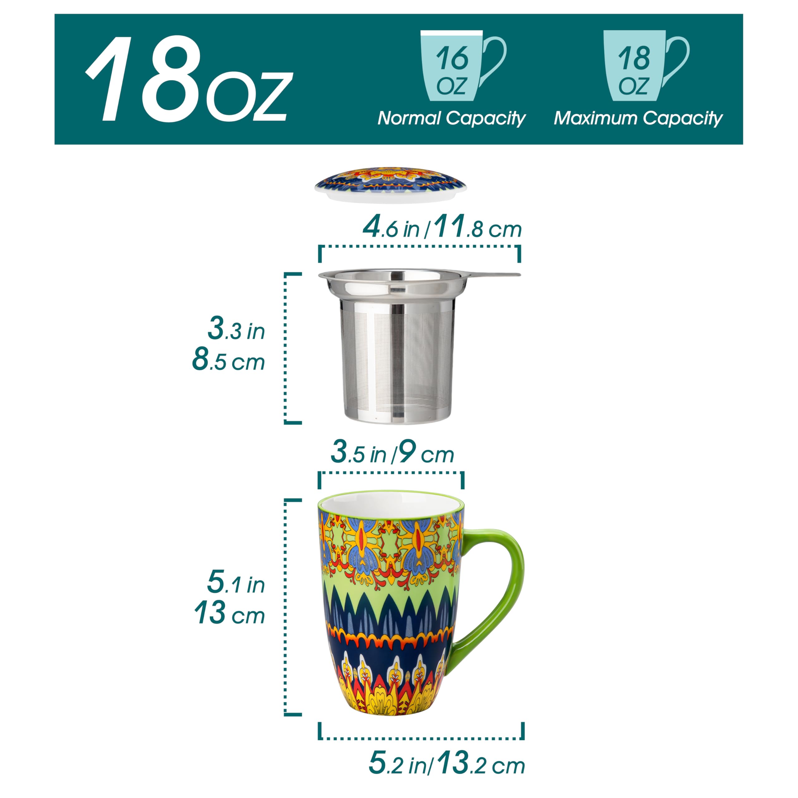 vancasso Mug Tasse à Thé/Café avec Couvercle et Filtre – 540 ml Céramique, Compatible Lave-vaisselle et Micro-ondes – Cadeau Parfait – Style Bohème 01
