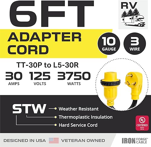 Miniatura 2 de Iron Forge Cable Cable de extensión RV de 30 amperios de 6 pies - 103 STW TT-30P a NEMA L5-30R 125v Cable de alimentación de RV resistente para uso