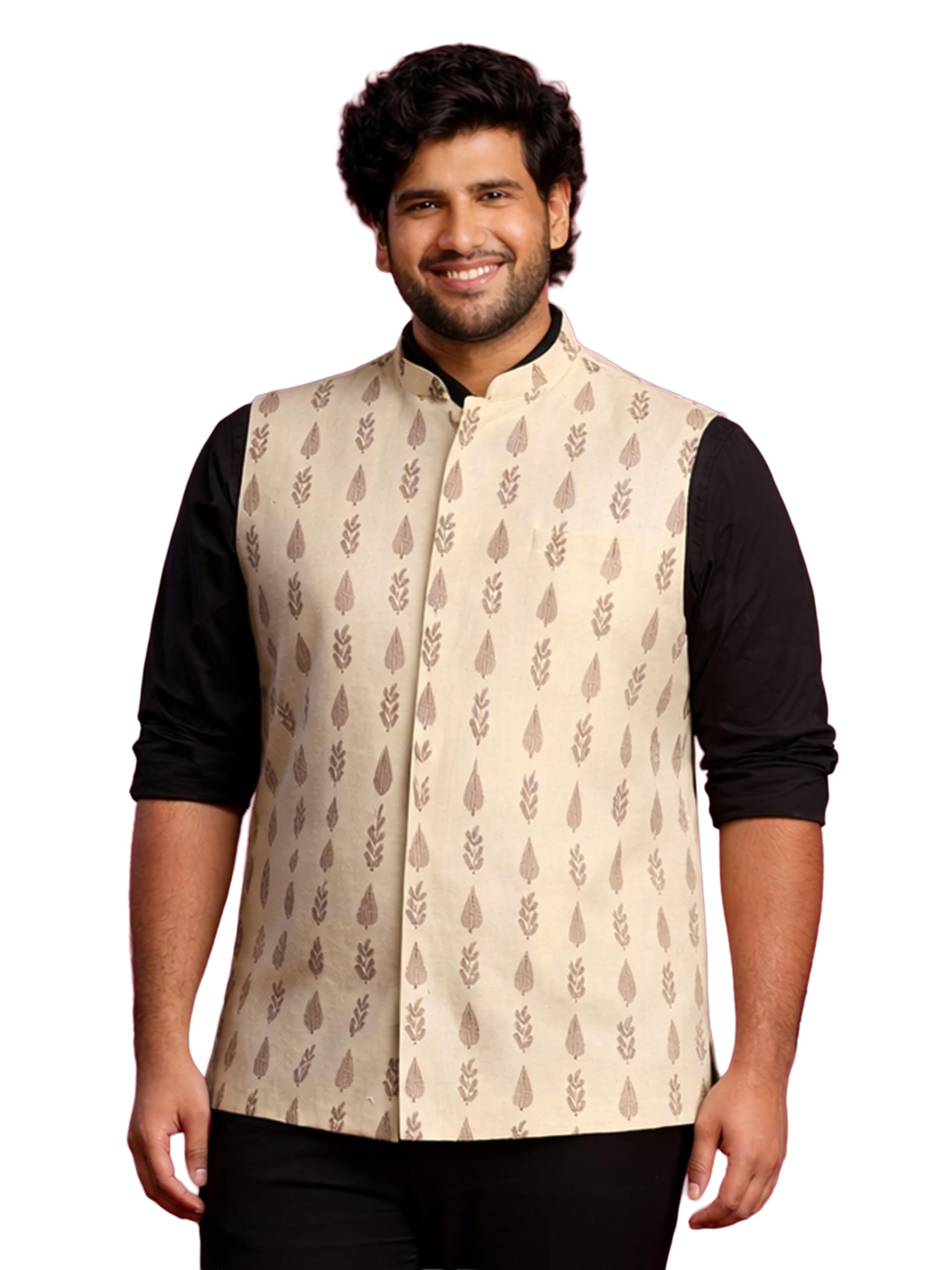 vastramay Men Cream Cotton Floral Digital Printed Nehru Jacket | Mandarin Collar | Festive & Summer Casual Outfit-picture-36
