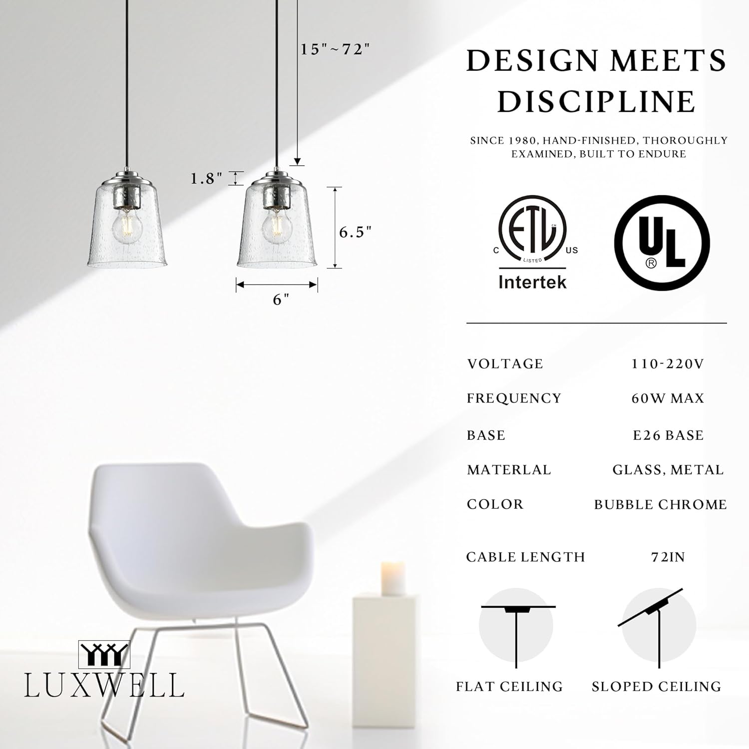 Modern Bubble Glass Pendant Light, 6"x6"x7.5" Rain-Drop Glass Hanging Fixture with Chrome Finish Base, Adjustable 15"-72" Cord, E26 Socket for Dining Room, Vanity Area, or Bar – Frosted Chrome